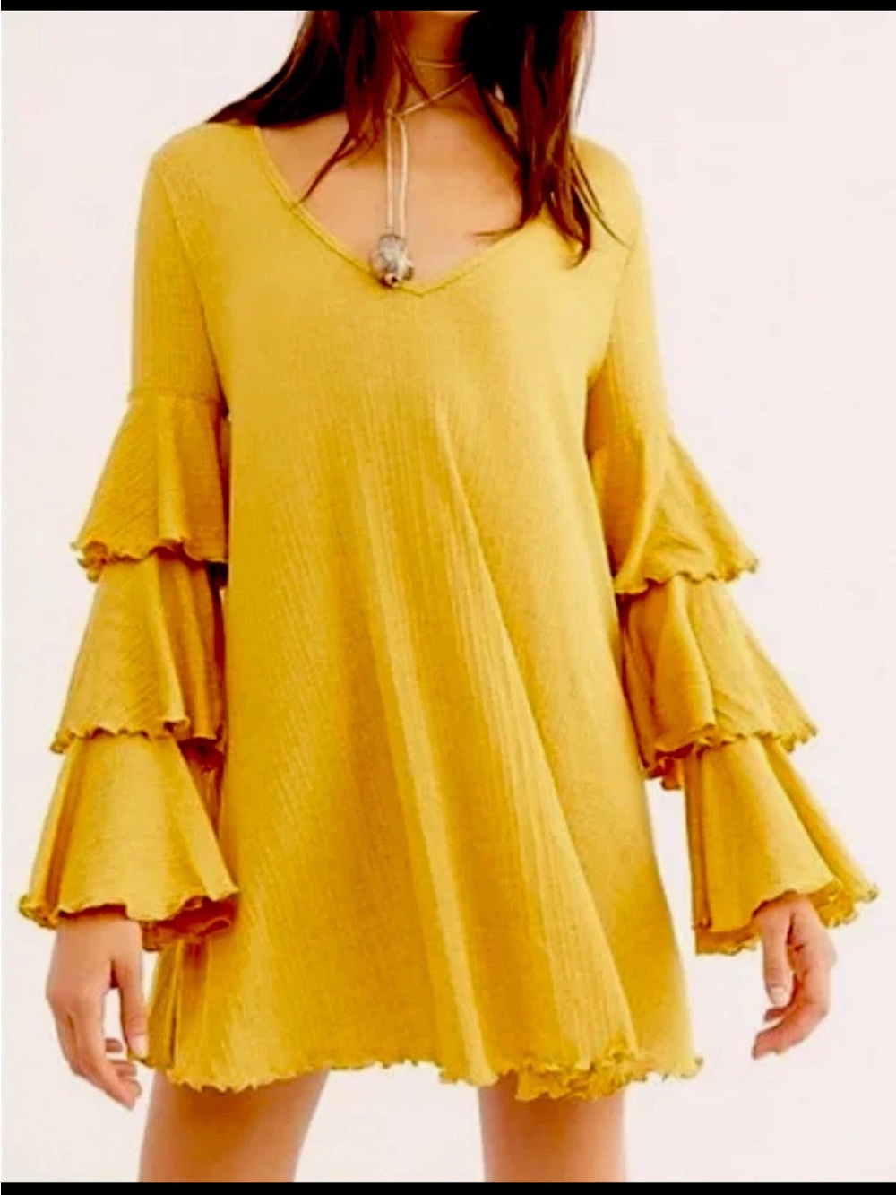 Free People Beach seashore mini dress bell ruffle sleeve yellow